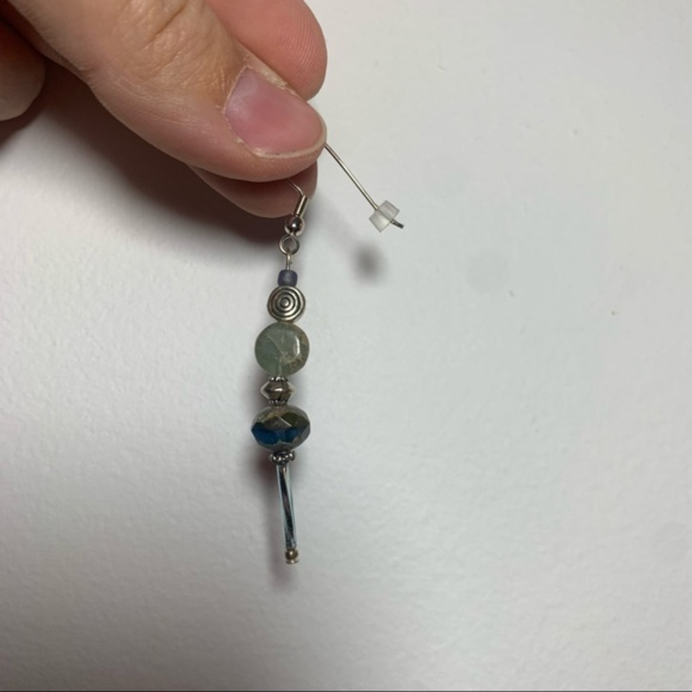 Green, Blue and Silver Beaded Drop Earrings - Picture 2 of 2